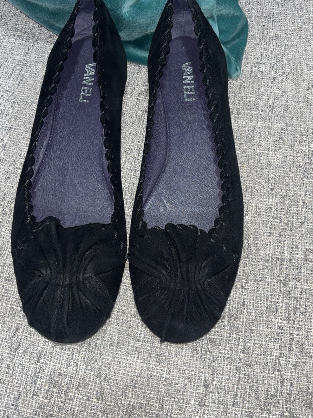 Vaneli Black Suede Scalloped Toe Ballet Flats